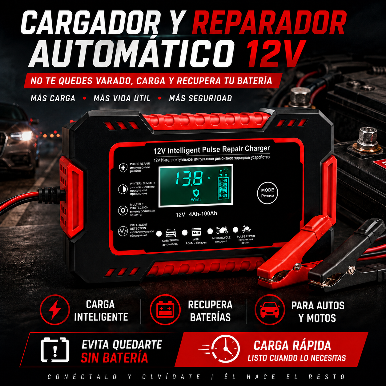 Cargador Inteligente de Baterías - Recupera el control en segundos