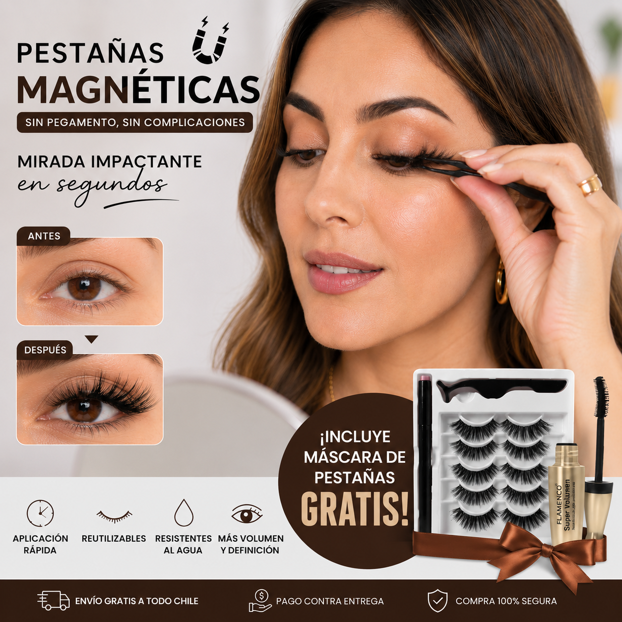 Logra pestañas largas y voluminosas en segundos con fijación magnética + Máscara de pestañas de regalo