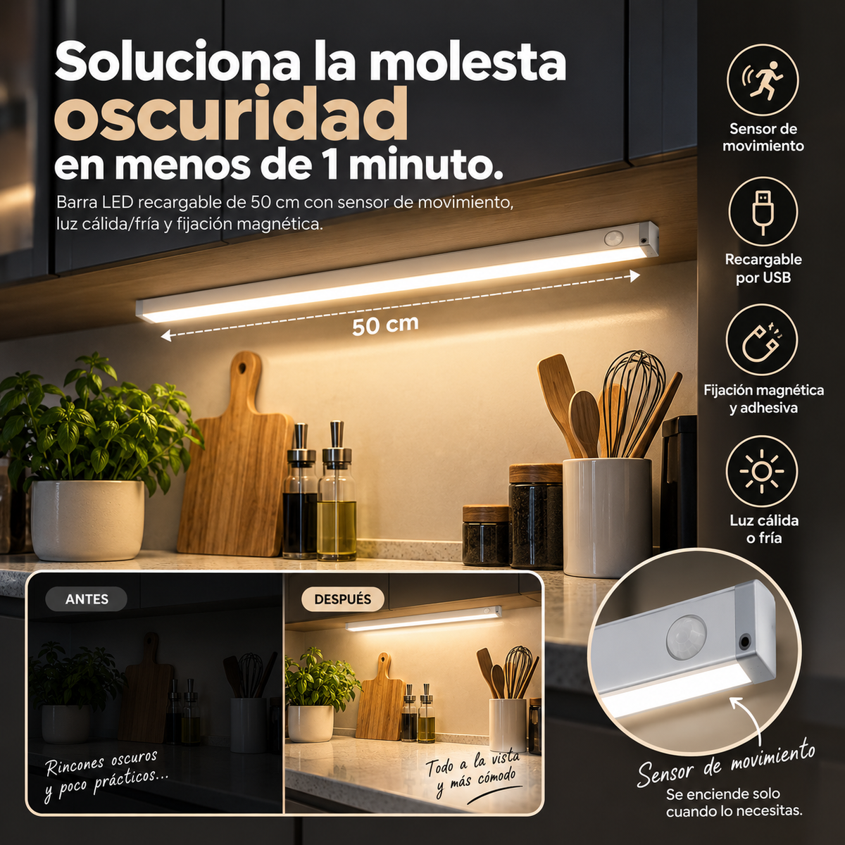 Barra LED 50cm - Luz instantánea justo donde hace falta