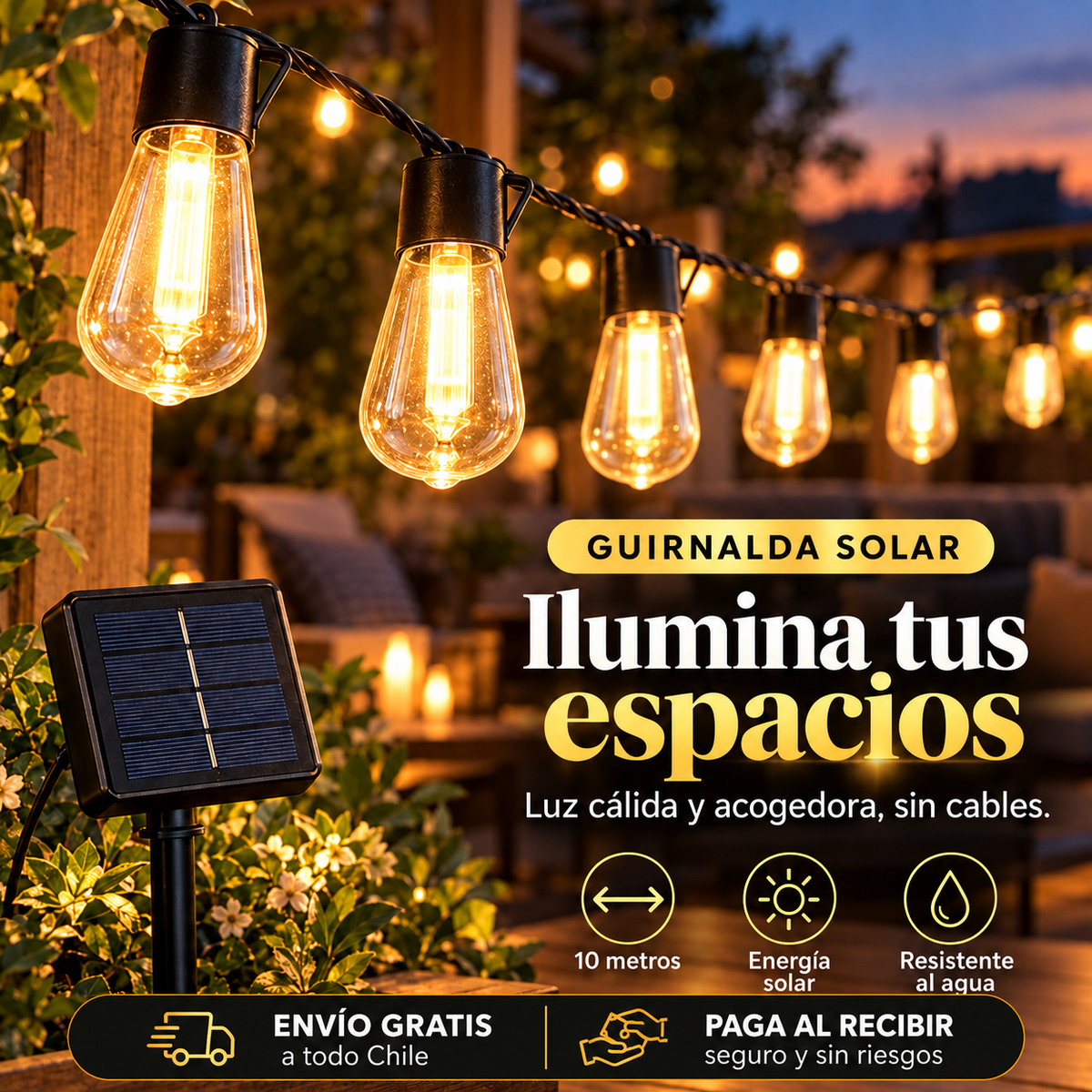 Guirnalda solar 10 metros con luz cálida en terraza