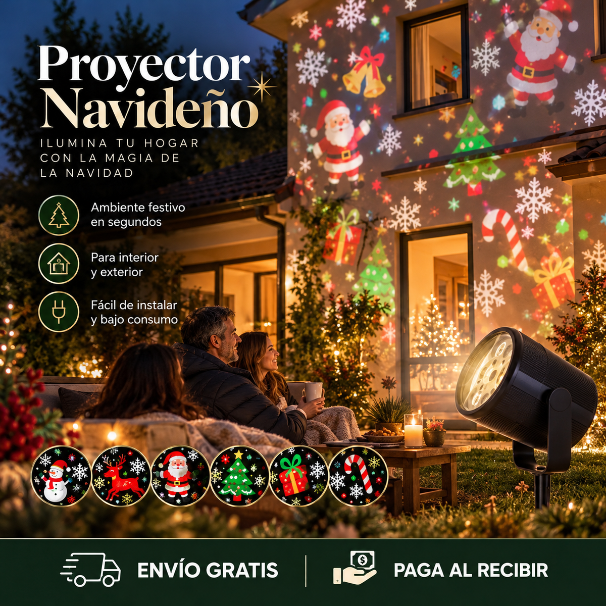 Proyector navideño LED iluminando la fachada de una casa