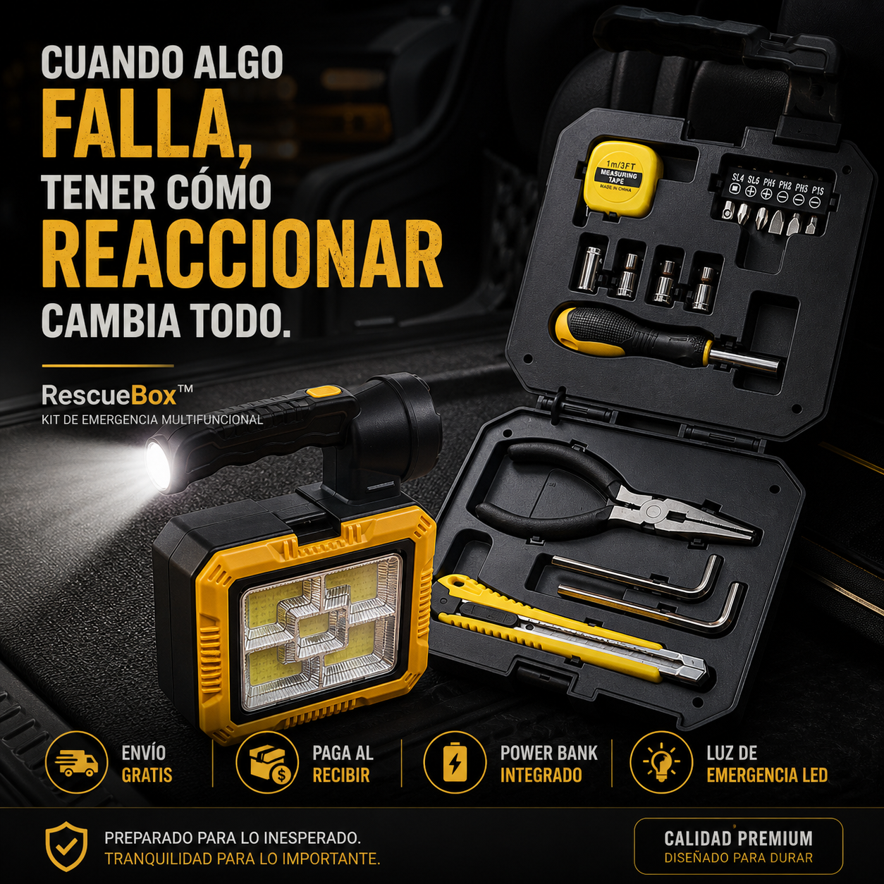 RescueBox™ - Luz, energía y herramientas para resolver cualquier emergencia en minutos
