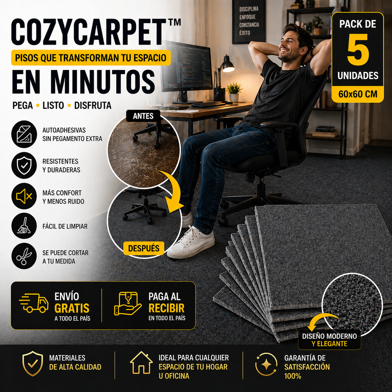 CozyCarpet™ – Pack de 5 Alfombras Autoadhesivas 60x60 cm