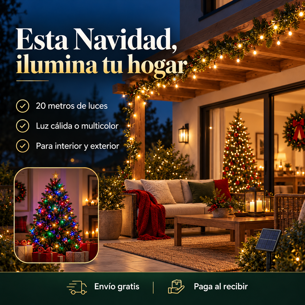Luces LED solares 20 metros para Navidad